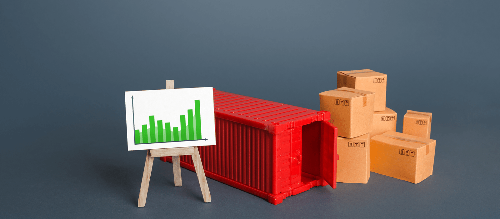 shipping container boxes near easel with positive growth graph world trade traffic recovery